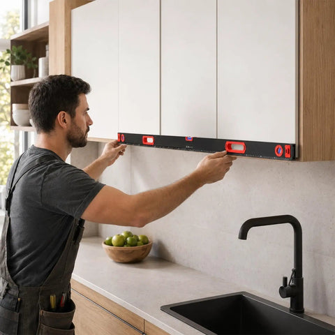 Man using 40-inch Professional Level Set, 3 Piece Aluminum Spirit Level Kit With 40",60",80" to align kitchen cabinets.