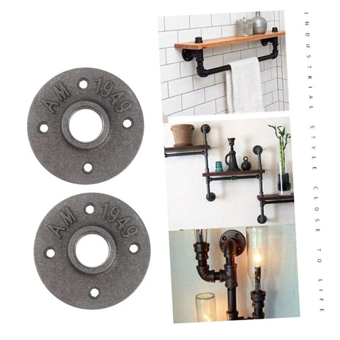 Two Pack Vintage Malleable Iron Floor Flange Set, Wall Mounted Threaded Fittings, shown in DIY decor applications.