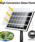 Solar Fountain Pump Kit With 2000mAh Battery Backup And 3.5W Glass Panel showing high conversion panel and water feature.