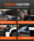 VEVOR 6.5L manual oil extractor pump with dipstick tube and suction hose; four-step instructional oil-change graphic.