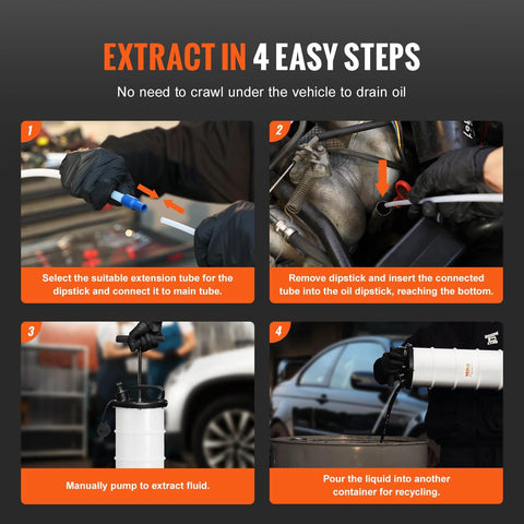 VEVOR 6.5L manual oil extractor pump with dipstick tube and suction hose; four-step instructional oil-change graphic.