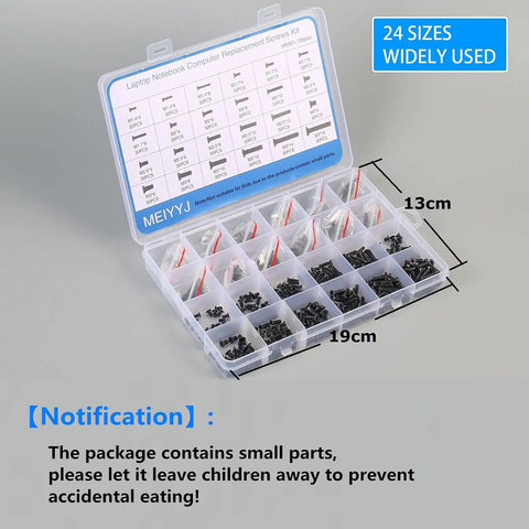 720-Piece Laptop Screw Kit With 24 Types M1.4 M1.7 M2 M2.5 M3 Phillips Countersunk in labeled storage box