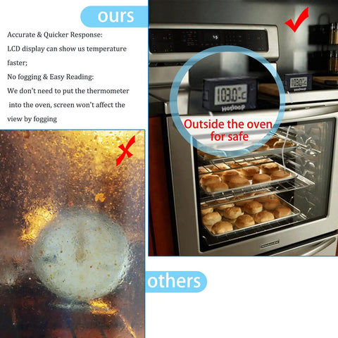 Digital Oven Thermometer with LCD Display placed outside oven for accurate temperature readout while baking