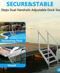 Hella Durable Pro Grade 6 Step Dock Stairs Featuring Rock Solid Dual Handrails And Oversized Slip Resistant Treads For Easy Lake Pool And Family Boat Landing, shown by adjustable dock stairs at pool and boat dock.