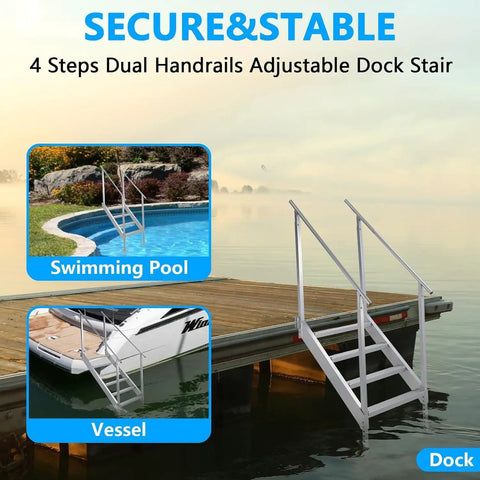 Hella Durable Pro Grade 6 Step Dock Stairs Featuring Rock Solid Dual Handrails And Oversized Slip Resistant Treads For Easy Lake Pool And Family Boat Landing, shown by adjustable dock stairs at pool and boat dock.