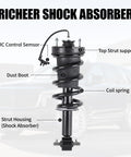 2 Piece Front Strut Shock Absorber With Magnetic Springs For 2015 To 2022 Escalade Tahoe Suburban Silverado Sierra 1500 Yukon XL Denali For A Smoother Ride And Tougher Feel, labeled components on white background.