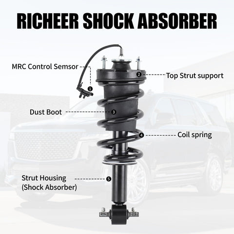 2 Piece Front Strut Shock Absorber With Magnetic Springs For 2015 To 2022 Escalade Tahoe Suburban Silverado Sierra 1500 Yukon XL Denali For A Smoother Ride And Tougher Feel, labeled components on white background.