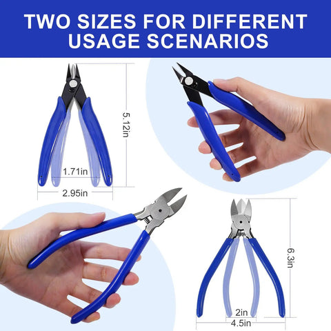 Two Pack Wire Cutters Set 5 Inch Micro Cutter And 6 Inch Heavy Duty Diagonal Cutter with dimensions and usage examples