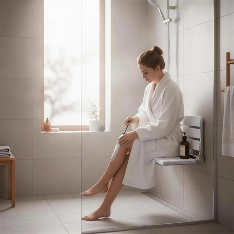 16 Inch Foldable Shower Seat Wall Mounted For Adults With 400 Lb Max Load Easy Drop Down Design Heavy Duty Waterproof Wood And Stainless Steel Build No Fuss Fits Small Inside Shower Spaces White shown in use