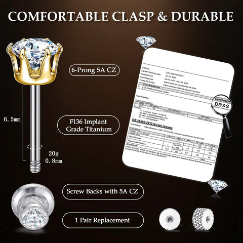 Image of Medical Grade F136 Titanium Stud Earrings Featuring Six Prong Cubic Zirconia Drops with secure screw backs.