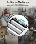 Compact Digital Radon Detector For Homes With Real Time Visual And Audio Alerts showcases monitoring for living room, study, bedroom, basement.