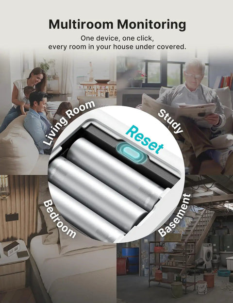 Compact Digital Radon Detector For Homes With Real Time Visual And Audio Alerts showcases monitoring for living room, study, bedroom, basement.