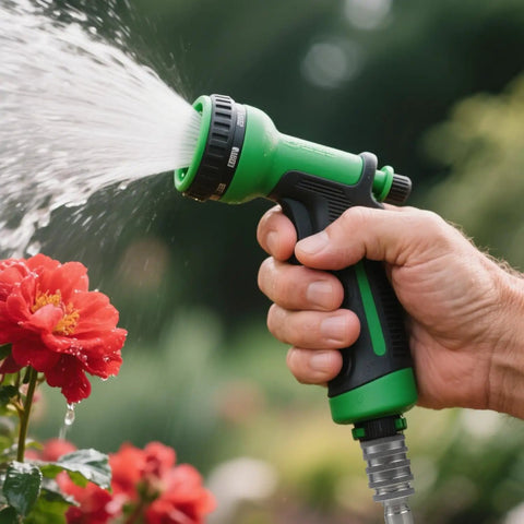 Hand watering flowers with a green hose nozzle attached using Heavy Duty Stainless Steel Garden Hose Quick Connect Fittings Three Quarter Inch GHT 2 Pack No Tools Required Leak Free Quick Connectors For Hoses And Sprayers With One Hand Operation.