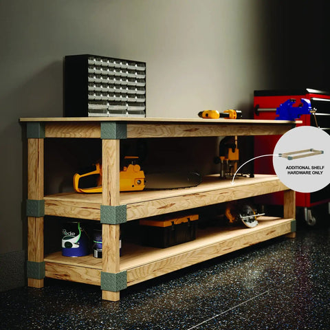 DIY Plastic Ceiling Storage Kit For Overhead Garage 24 By 48 Inches With Beefy 500 Lb Capacity Includes All Hardware And Plans Easy 90 Degree Cut Setup Lumber Not Included, shown on wooden workbench with red tool chest and storage boxes visible.