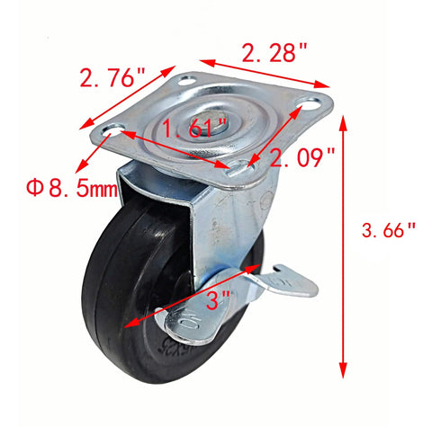 Heavy-Duty 3-Inch Polyurethane Caster Wheels, 110 Lbs Per Wheel with metal mounting plate and locking brake.