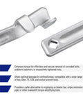 Close-up of metal Workhorse Offset Wrench Extender Tool Set With 13.5 And 15.4 Inch Lengths showing end with square drive adapter.