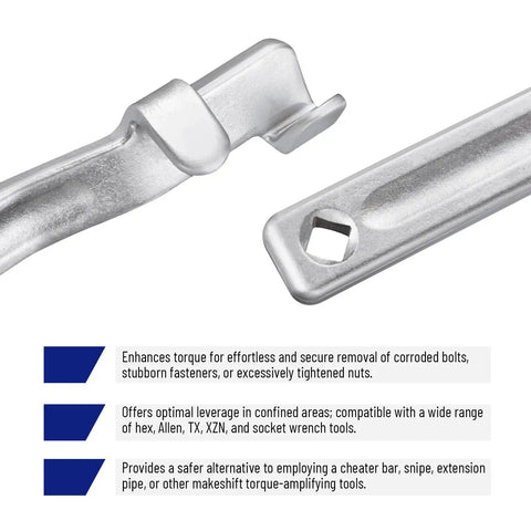 Close-up of metal Workhorse Offset Wrench Extender Tool Set With 13.5 And 15.4 Inch Lengths showing end with square drive adapter.