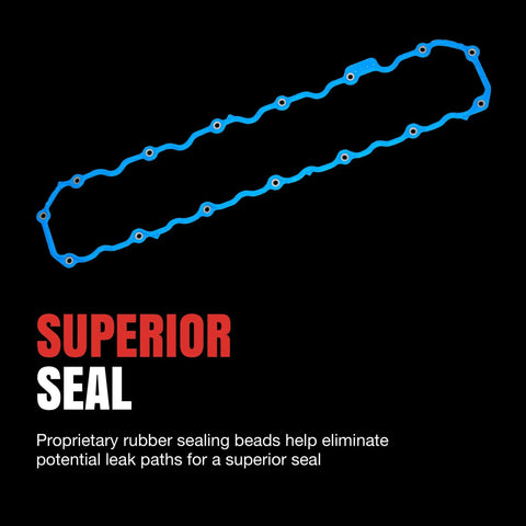 Ford F-150 Engine Valve Cover Gasket Set, Leak-Proof OEM-Style Kit For V6 And V8 Engines, Easy Install, Durable Seal, Replaces Worn Gaskets, Helps Prevent Oil Leaks And Keeps Your Ride Quiet. Blue rubber gasket with bolt holes on black background
