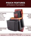 Heavy Duty Belt Worn Fastener Bag With Full Grain Leather And Durable Nylon Pouch Hybrid Design, six pockets visible