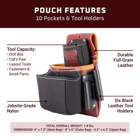 Heavy Duty Belt Worn Fastener Bag With Full Grain Leather And Durable Nylon Pouch Hybrid Design, six pockets visible