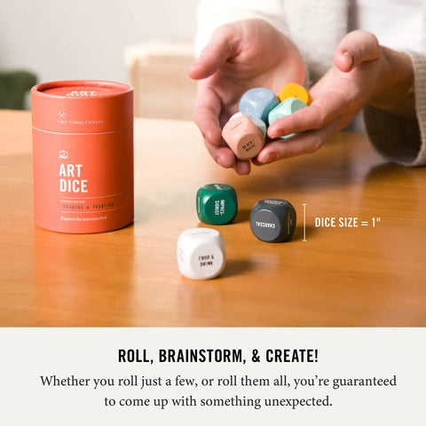 Art Dice Prompts Set Of Nine Wood Dice For Drawing And Painting Inspiration, Color Coded, One Inch Each, Roll To Kickstart Creativity And Bust Artist Block With Easy Read Prompts. Color-coded 1-inch wood art dice in hand and tube