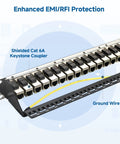 1U 24 Port Cat6A Patch Panel With Inline Keystone, Cable Management Bar, STP Shielding For Beefed Up 10Gbps Speeds shown.