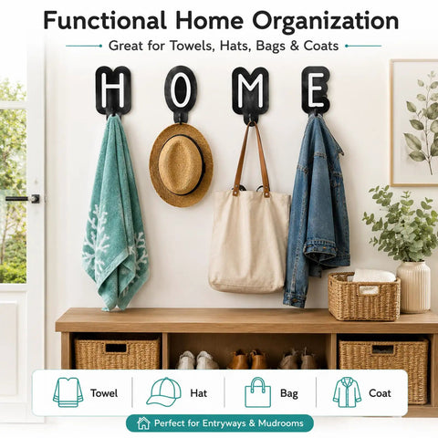 Hella Slick Personalized Wooden Wall Hook With Custom Letter Design For Super Kickass Towel Organization In Your Bathroom Bedroom Or Entryway Plus Fresh White Finish, displaying hooks with towels and bags.