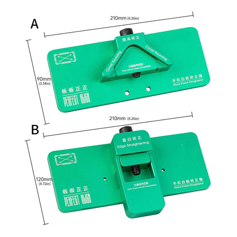 Pro Grade High Precision Aluminum Frame Straightener Tool for mobile phone repair, green multi tool fixture for LCD frame alignment.