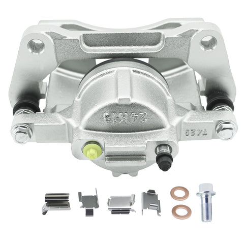 Front-right silver brake caliper with mounting bracket and included hardware