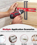 Upgrade Your Kitchen Cabinets In No Time With This Slick Adjustable Hardware Jig Template Designed For Drawer Pulls And Cabinet Handles Featuring Easy Peasy Hole Positioning And No Sweat Drilling Alignment Guaranteed, shown in use on a wooden drawer.