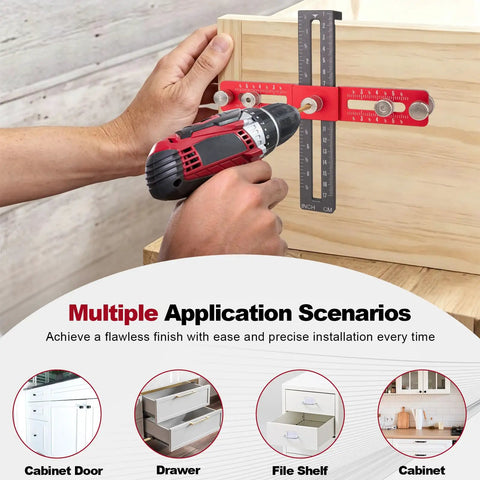 Upgrade Your Kitchen Cabinets In No Time With This Slick Adjustable Hardware Jig Template Designed For Drawer Pulls And Cabinet Handles Featuring Easy Peasy Hole Positioning And No Sweat Drilling Alignment Guaranteed, shown in use on a wooden drawer.