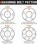 Automotive bolt-pattern diagram showing 4-, 5-, 6-, and 8-hole hub patterns with orange center-distance lines