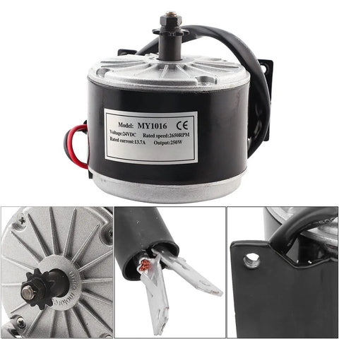 Upgrade My1016 Electric Scooter Motor With Belt Pulley 24V 250W Brushed DC Motor aluminum housing from different angles.