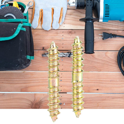 Top Shelf Double Ended Steel Screws M5 M6 Zinc Plated next to tools on a wooden surface, showcasing double headed construction.