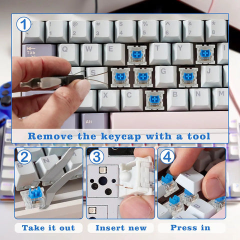 Installation guide for Blue 3 Pin Clicky Tactile Mechanical Keyboard Switches 50 Pcs DIY Replacement Kit With Switch Puller And Cleaning Brush