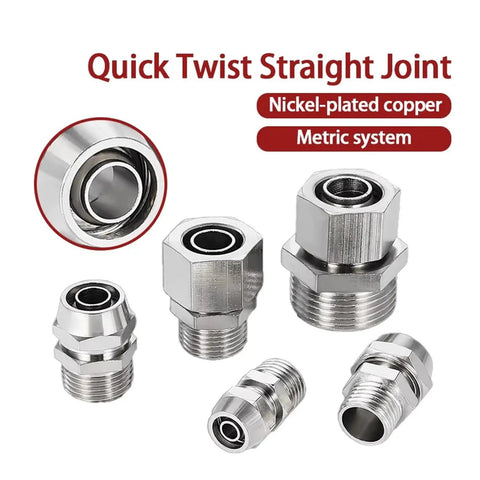 Copper Pneumatic Quick Screw Pipe Fittings Set No Fuss Easy Install, showcasing nickel-plated fittings and twist joints.