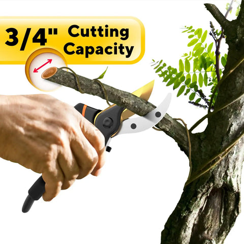 Heavy Duty Bypass Pruning Shears For Garden With Soft Cushion Grip Handle And SK5 High Carbon Steel Blades cutting branch
