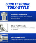 Dead Tight Torx Security Machine Screws Crafted From Rust Resistant Stainless Steel Featuring Tamper Resistant Button Heads For Top Shelf Gear Build Projects Keep Thieves At Bay Smooth Threads And Secure Locking 25 Piece Hardware Kit Set with full thread and security features.