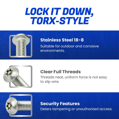 Legit Heavy Duty Torx Security Machine Screws Made From Tough As Nails Stainless Steel With A Dead Tight Tamper Resistant Button Head For Superior Theft Prevention And Zero Hassle Installation Lock Down Your Setup Securely 25 Pack, showing stainless steel material and threaded design.
