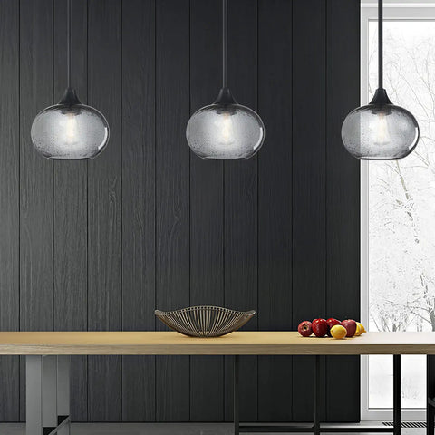 2 Pack 7.7 Inch Black Brownish Grey Seeded Glass Pendant Lights For Kitchen Island And Dining Area Over Sink