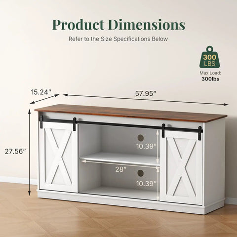 Product dimensions of Slick Farmhouse TV Stand For 65 Inch Flat Screen Television with smooth sliding barn doors.