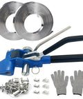 304 Stainless Steel Banding Kit With Tensioner And Cutter For Secure Packaging A Heavy Duty Strapping Tool That Delivers Easy Tensioning And Precise Cutting With A Ratchet Lock For A Firm Secure Grip. 304 stainless steel banding kit with rolls, buckles, and gloves