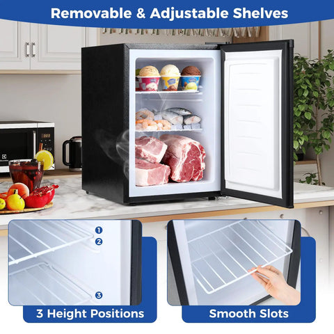 Compact Upright Freezer Featuring Tunable Thermostat And Snap Out Shelves with adjustable shelves, 2.1 cu ft, black finish, filled with food.