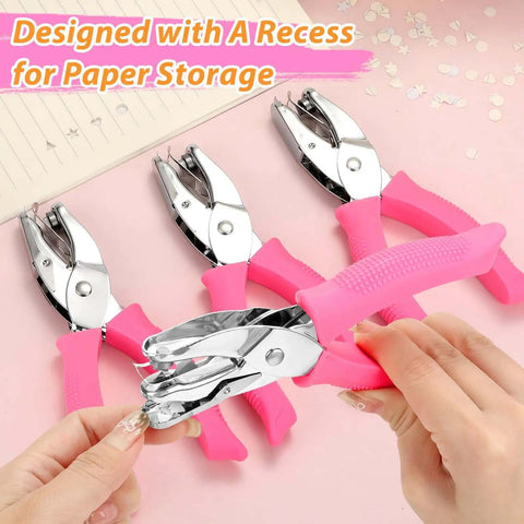Four Piece 0.25 Inch Hole Punch Set with Circle Heart Star Triangle Shapes Soft Handles for Crafts Scrapbooking Binders