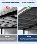 Before and after image showcasing mattress support; Built Different Queen Size Bunkie Board Rock Solid Eight Millimeter Wooden Mattress Foundation.