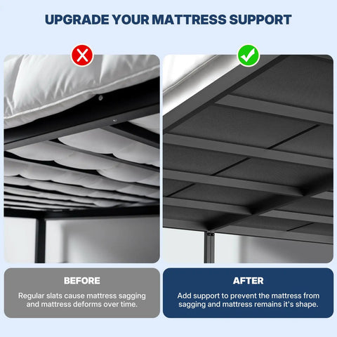 Before and after image showcasing mattress support; Built Different Queen Size Bunkie Board Rock Solid Eight Millimeter Wooden Mattress Foundation.