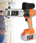 Hella Heavy Duty Cordless Electric Hydraulic Crimping Pliers For Copper And Aluminum Cable Lug Terminals With No Fuss Operation And Slick Swivel Jaw With Fast Lithium Battery Pack in use with battery and tool features.
