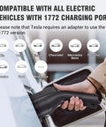 Hand using Portable 32 Amp Level 2 EV Charger With 25 Foot Cable And Nema 14-50 Plug on J1772 vehicle port.