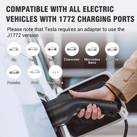 Hand using Portable 32 Amp Level 2 EV Charger With 25 Foot Cable And Nema 14-50 Plug on J1772 vehicle port.