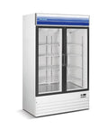 Commercial Glass Door Merchandiser Refrigerator 53 Inches Wide Dropping 45 Cu Ft with dual glass doors and eight PVC wire shelves.